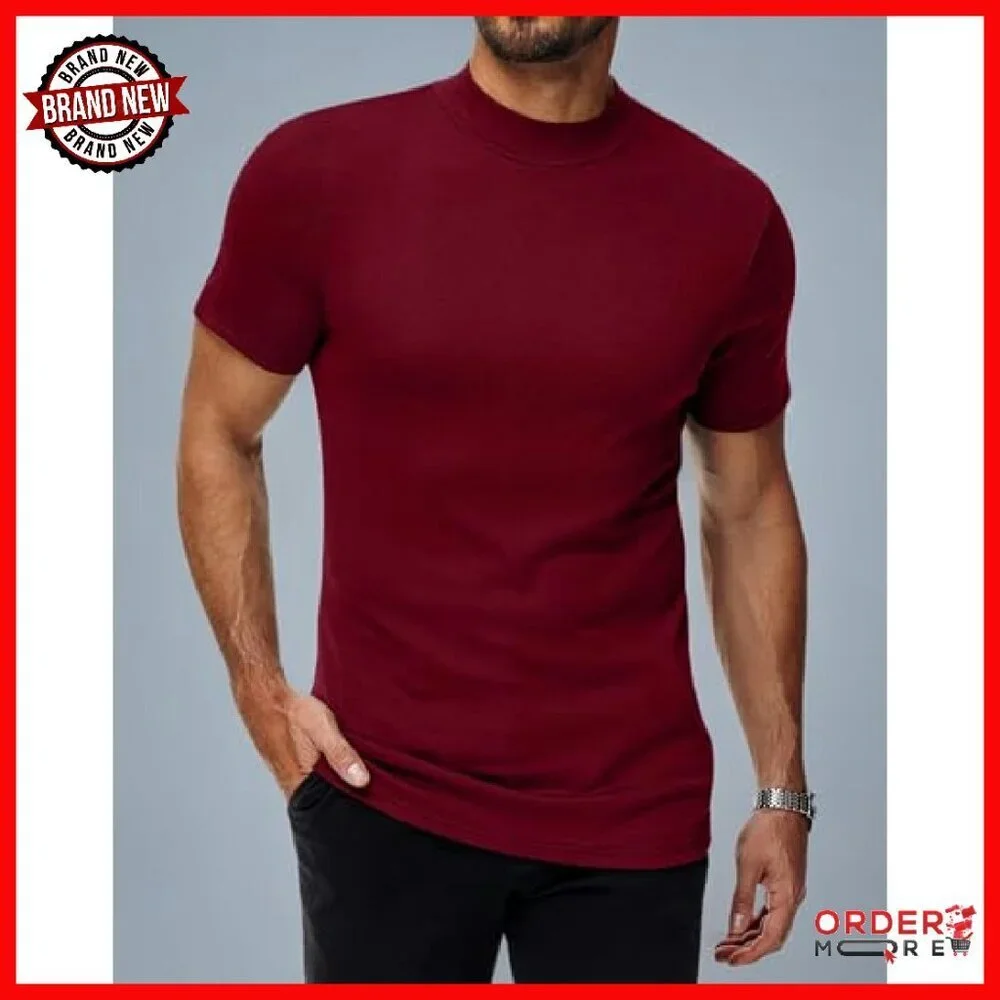 Men's Short Sleeve Mock Turtleneck Shirts, Slim Fit, 95% Cotton, Medium